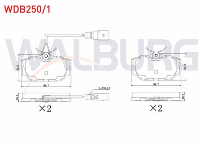WALBURG WDB250/1 Brake Pad Rear with Connector Volkswagen Transporter IV (70Xb, 70Xc and 5 more models — Brake Pads