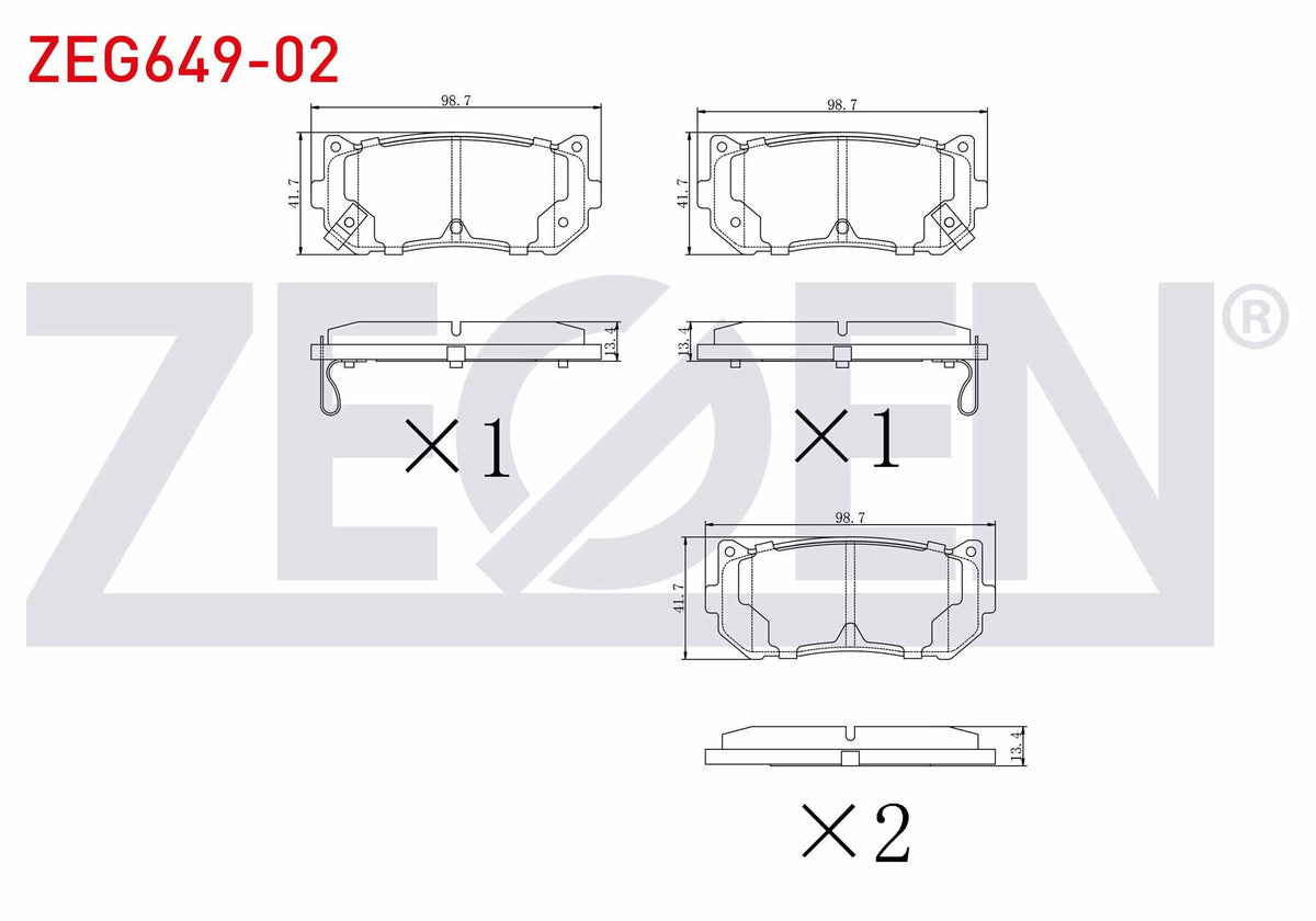 Zegen ZEG649-02 Brake Pad Rear with Wear Indicator Kia Carens II 1.6i 2002-2006 / Carens II 2.0 CRDi 2002-2006 / Carens II 1.8i 2002-2006 / Shuma I (Fb) 1.6i 1997-2001 / Clarus 2.0i 16V 1996
