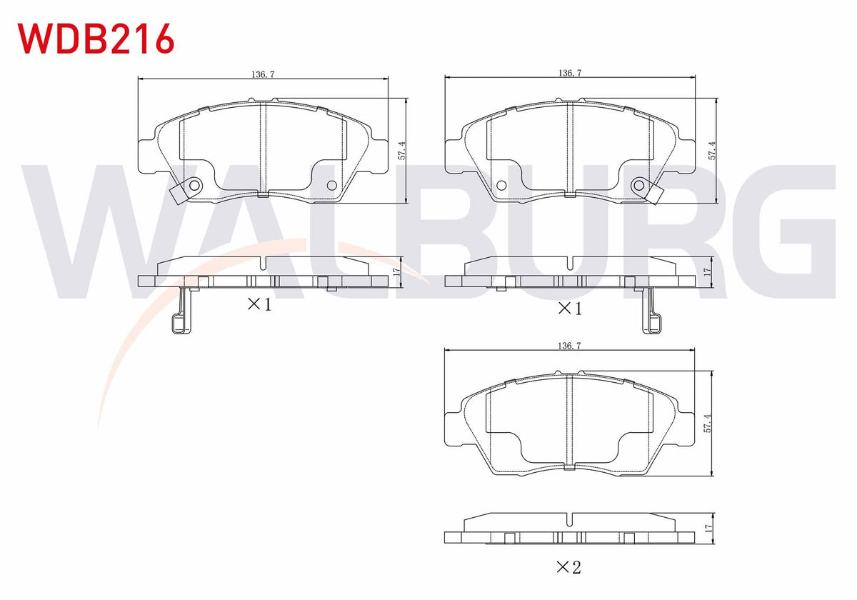 WALBURG WDB216 Brake Pad Front with Wear Indicator Honda Civic VI 1.6i 1995-2001 /Civic VI 1.5i 1995-2001 /Civic — Brake Pads