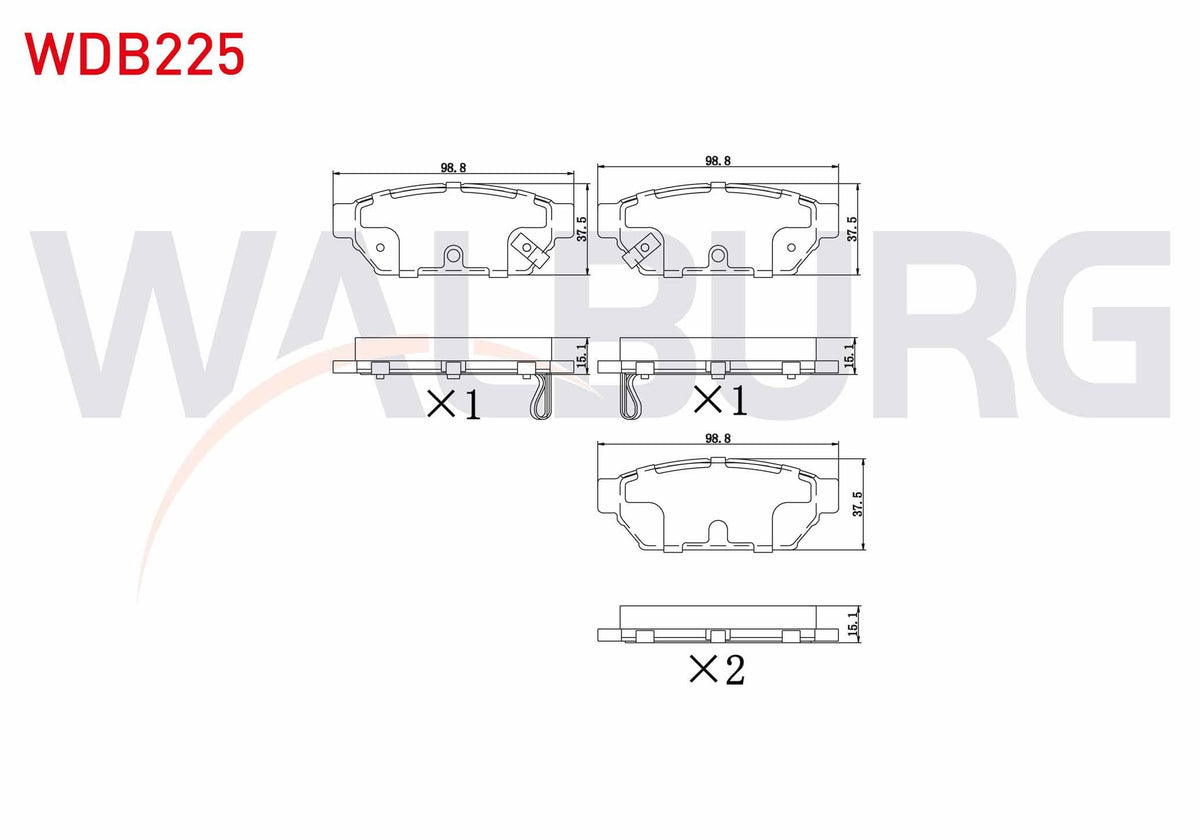 WALBURG WDB225 Brake Pad Rear Mitsubishi Carisma (Da) 1.8 GDI with Wear Indicator 14.20-15.00mm 1995-2006 — Brake Pads