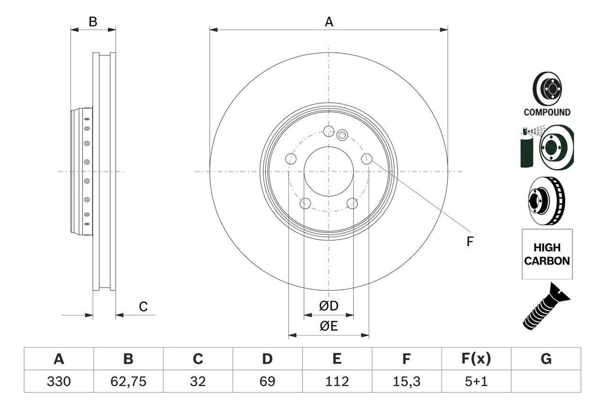 Bosch 0986479G43 Brake Disc Front Mercedes W205 S205 C205 A205 W213 S213 C238 A238 X253 C253 — Brake Rotors & Drums