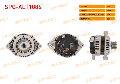 SPAGO SPG-ALT1086 Alternator 12V 120A 6Pk (Alt1240) Captiva 07-14 / Antara 07-11 (F-L Triple) (2.0 Dies — Starting & Charging