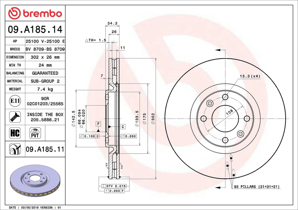 Brembo 09.A185.14 Brake Disc Front Single Peugeot 208 2008 308 5008 Ds4 Ds5 Corsa F (Cap302×26) — Brake Rotors & Drums
