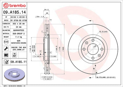 Brembo 09.A185.14 Brake Disc Front Single Peugeot 208 2008 308 5008 Ds4 Ds5 Corsa F (Cap302×26) — Brake Rotors & Drums