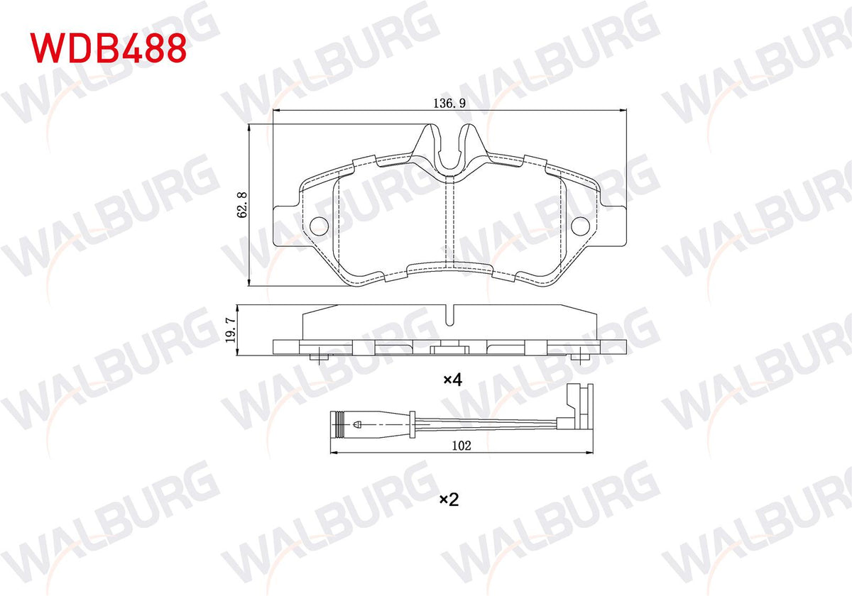 WALBURG WDB488 Brake Pad Rear with Connector Mercedes Sprinter 3,5T (906) 316 CDI 2006-2009 / 313 CDI 2006-2009 / 315 CDI 2006-2009 / VW Crafter 30-35 2.5 TDI 2006-2016 / Crafter 30-35 2.0 TDI 2006