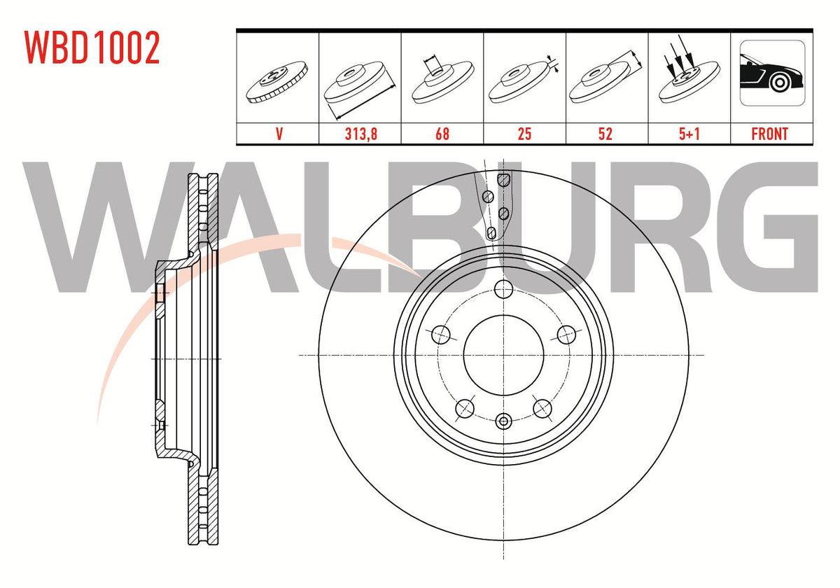 WALBURG WBD1002 Brake Disc Front Air 5 Bjn 313,8X25x68x52 Audi A4 1.8 TFSI-2.0 TFSI-2.0 TDI 2007-2015 — Brake Rotors & Drums