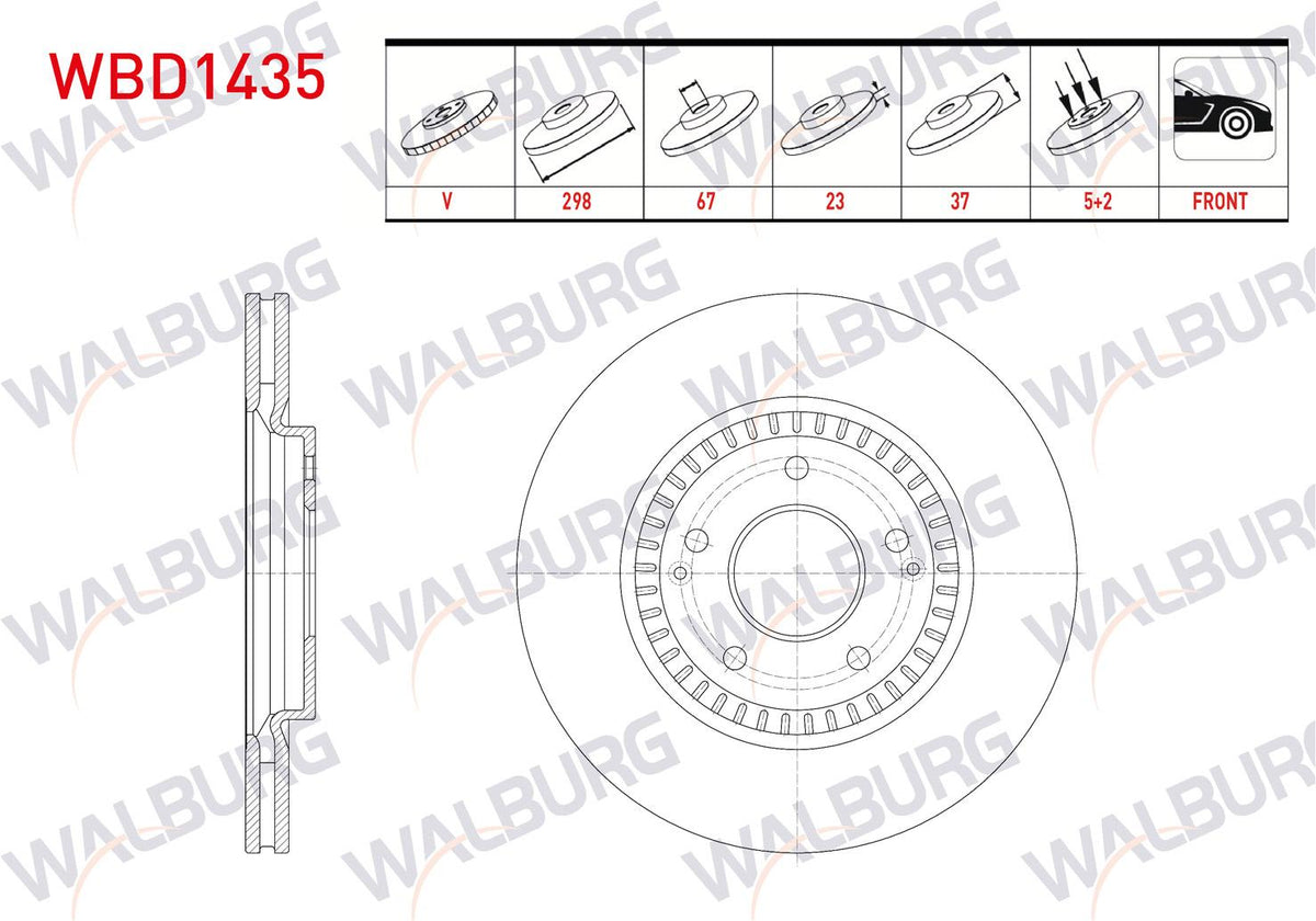 WALBURG WBD1435 Brake Disc Front Air 5 Bjn 298X23x67x37 Ssangyong Tivoli 1.6-1.6 XDi 2015-/ Xlv 1.6-1.6 D 2016-| Set of 2