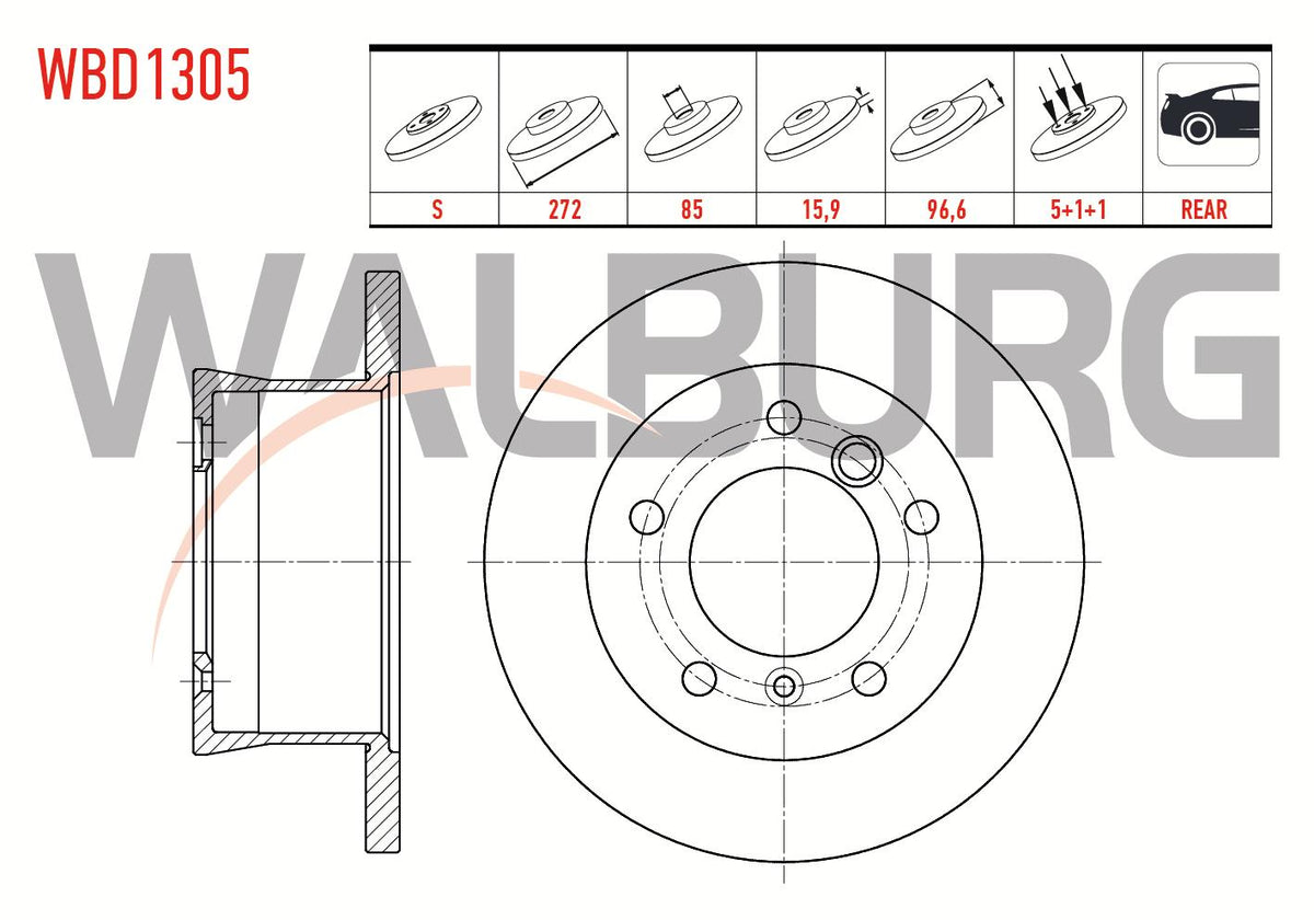WALBURG WBD1305 Brake Disc Rear Straight 5 Bjn 271, 2X15 and 3 more models — Brake Rotors & Drums