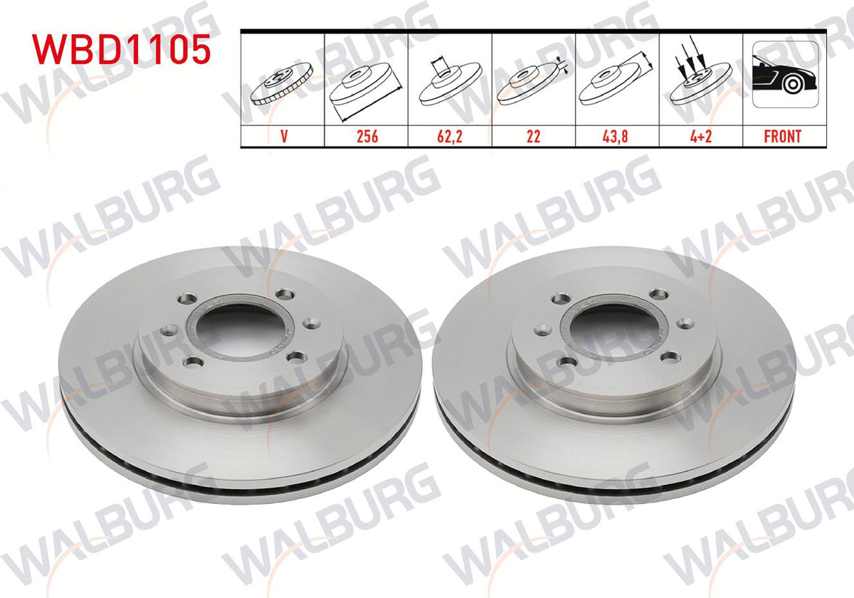 WALBURG WBD1105 Brake Disc Front Air 4 Bjn 256X22x62,1X43,5 Hyundai Accent Blue 1.6 CRDi 2012-/ Accent Blue 1.4 Cvvt 2012-| Set of 2