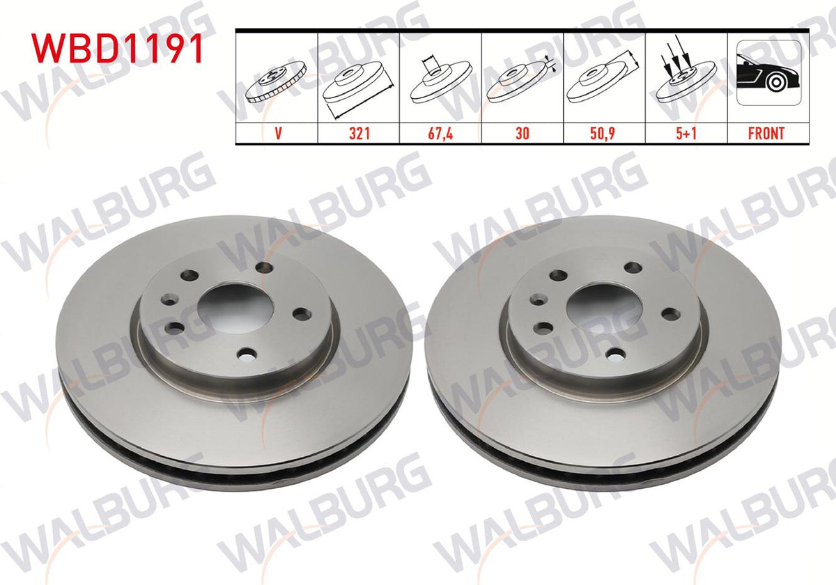 WALBURG WBD1191 Brake Disc Front Air 5 Bjn 321X30x67,4X50,9 Opel Insignia 1.6 T 17 Rim 2008-/ Insignia 2.0 T 17 Rim 2008-/ Insignia 2.0 CDTi 17 Rim 2008-| Set of 2