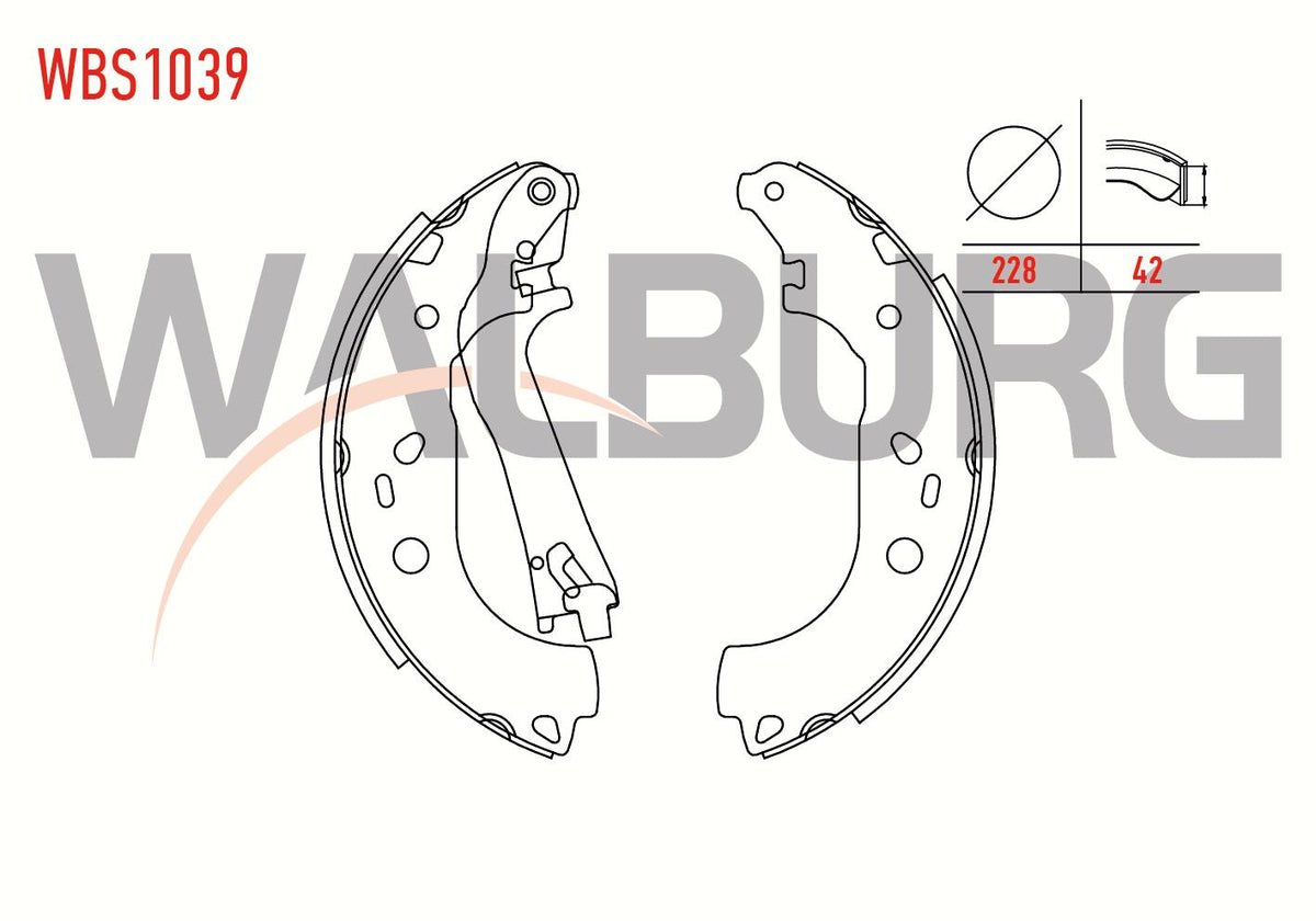 WALBURG WBS1039 Brake Shoe Rear Fiat Doblo (119,223) 1.3 Mjt with Lever 228X42 mm 2001-2010 / Doblo — Brake Cables & Hardware