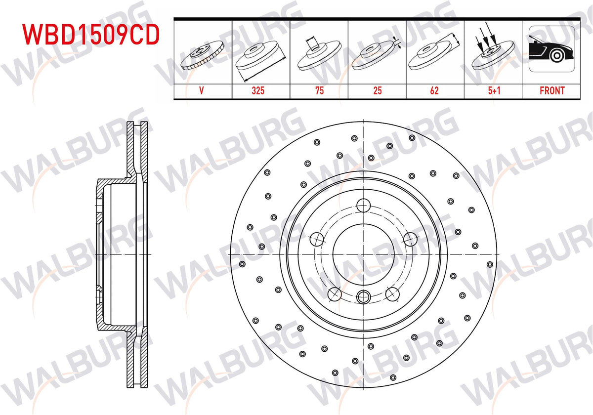 WALBURG WBD1509CD Brake Disc Front Air Coated Performance Drilled BMW X3 (E83) 2.0 D 5 Bjn 325X25x75x6 — Brake Rotors & Drums