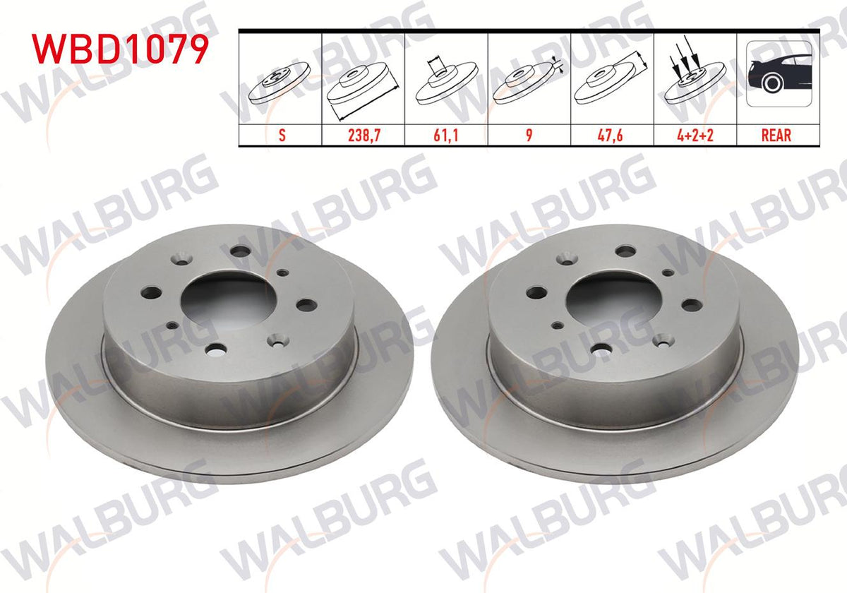 WALBURG WBD1079 Brake Disc Rear Straight 4 Bjn 238, 7X9x61 and 2 more models — Brake Rotors & Drums