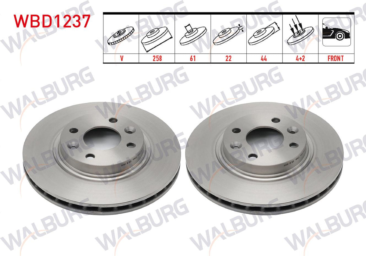 WALBURG WBD1237 Brake Disc Front Air 4 Bjn 258X22x44x61 Renault Symbol Thalia 2008-2012 / Symbol III 2012-/ Clio IV 2012-2020 / Clio V 1.5 dCi 2019-/ Taliant 1.5 dCi 2020-/ Captur I 2013-202