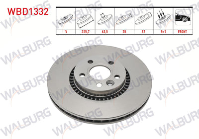 WALBURG WBD1332 Brake Disc Front Air 5 Bjn 315,7X28x63,5X52 Volvo S60 II T3-T4-D3-2.0T 17 Rim 2010-/ S80 II D3-T5 2006-/ V60 T6-D5-1.6D 2010-/ V70 III 2.0 T-1.6D-2.0D 2006-/ Xc70 II D3 2007