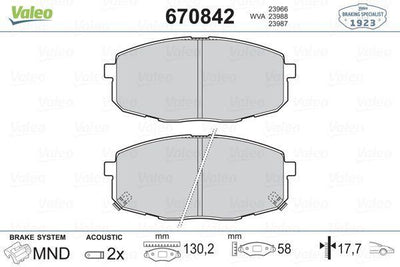 VALEO 670842 Front Brake Pads for 2008-2012 i30, Ceed, and Carens