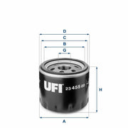 ufi filtre 23.455.00 oil filter front view, technical specifications of ufi filtre oil filter UFI FILTRE Oil Filter 23.455.00 - Compatible with Bravo, Doblo, Marea | 1.9 JTD Multijet UFI FILTRE Oil Filter - 23.455.00 ufi-filt, oil-filter, engine-maintenance, car-accessories, fiat-parts, automotive, car-owners, mechanics, vehicle-repair, ai-generated