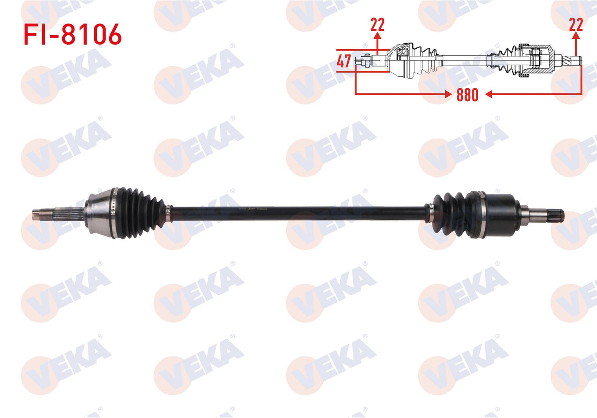 Veka FI-8106 Complete Axle Right Front Length 880mm Fiat Palio-Siena 1.2i-1.4i-1.6i (C514 Snz) 199 — Axles, CV Joints & Boots