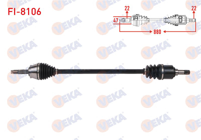 Veka FI-8106 Complete Axle Right Front Length 880mm Fiat Palio-Siena 1.2i-1.4i-1.6i (C514 Snz) 199 — Axles, CV Joints & Boots