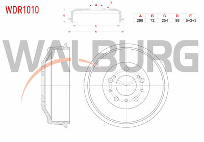 WALBURG WDR1010 Brake Drum Rear 5 Hole 298X72x254x98 14Q Fiat Ducato 2.0 JTD-2.5 TDI-2.8 TDI 1994-2002 — Brake Rotors & Drums