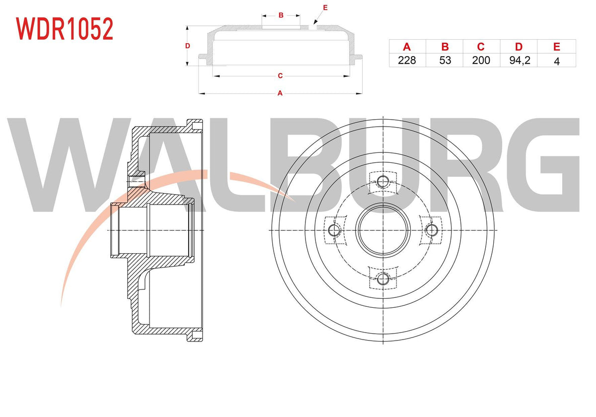 WALBURG WDR1052 Brake Drum Rear 4 Hole 228X53x200x94 — Brake Rotors & Drums