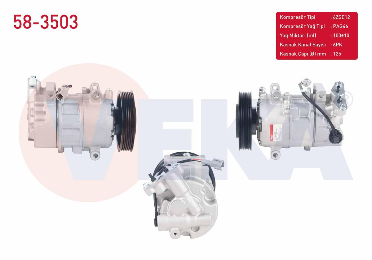 Veka 58-3503 A/C Compressor 6Pk 125mm Renault Grand Scenic III 1.5 dCi 2009-/ Megane III 1.5 dCi-1.6 16V 2008-2015 / Scenic I