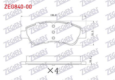 Zegen ZEG840-00 Brake Pad Front Partner 96-08 / 301 1.6 HDi 12-/ 307 1.4 HDi 00-07 / 206 00-/ 207 05-/ 208 12-/ — Brake Pads