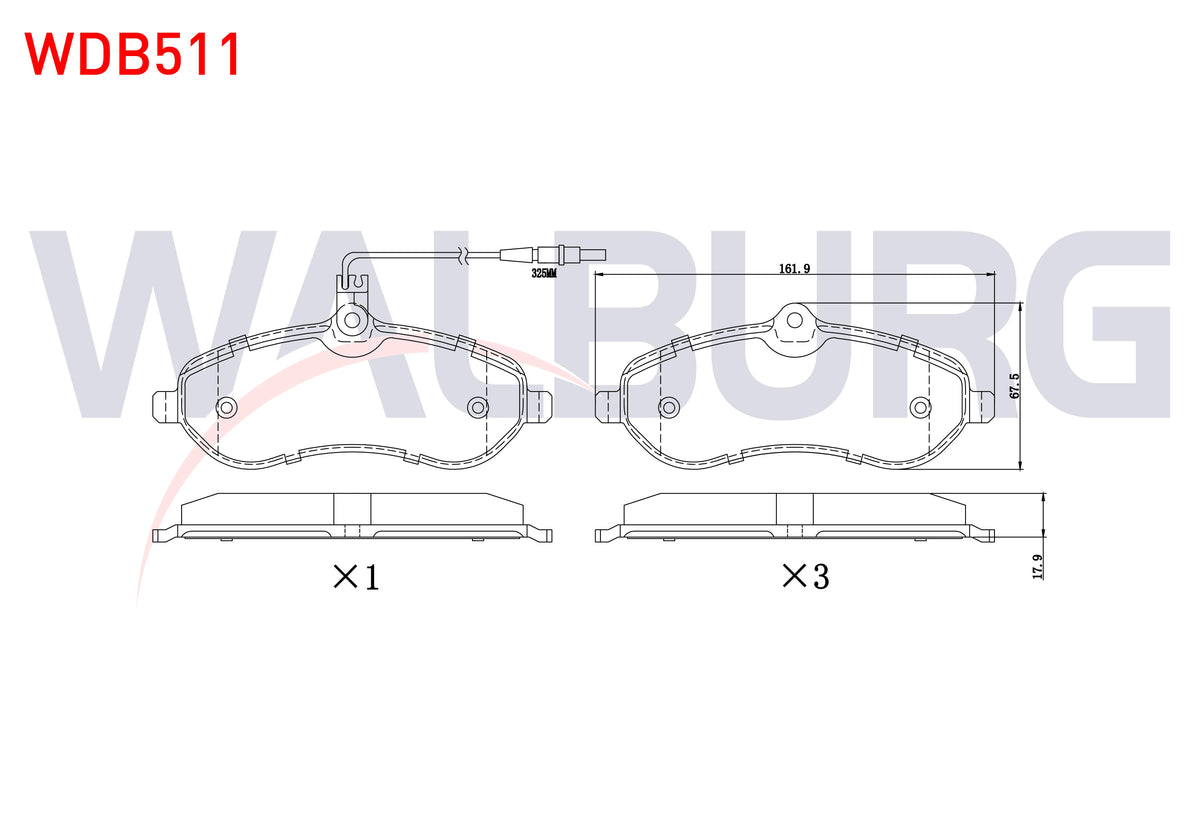WALBURG WDB511 Brake Pad Front with Connector Fiat Scudo (270) 1.6 Mjt 2007-/ Scudo 2.0 Mjt 2007-/ Citroen Jumpy — Brake Pads