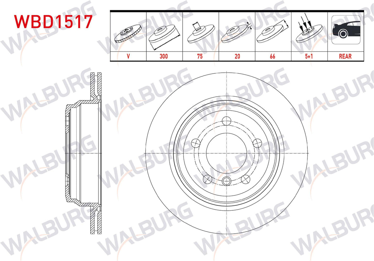 WALBURG WBD1517 Brake Disc Rear Air BMW 3 Series (F30) 320 D xDrive 5 Bjn 300X20x75x66 2011-| Set of 2 — Brake Rotors & Drums