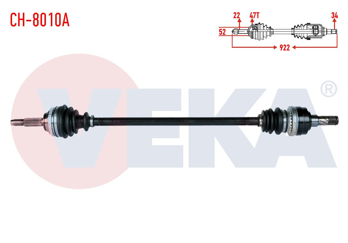 Veka CH-8010A Complete Axle Right Front Chevrolet Kalos (T200) 1.4 ABS li 47 Outer M-T Length 922m — Axles, CV Joints & Boots