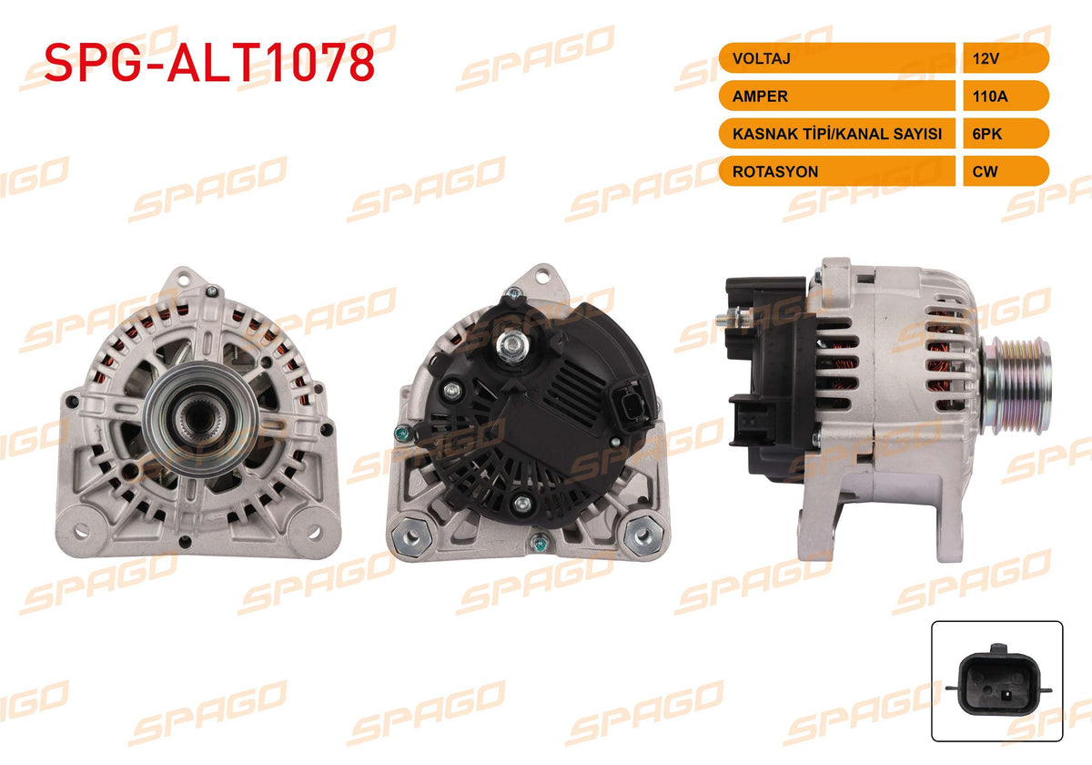 SPAGO SPG-ALT1078 Alternator 12V 110A 6Pk Clio II III-Megane I II III-Laguna-Fluence (1.4 1.6 Gasoline — Starting & Charging