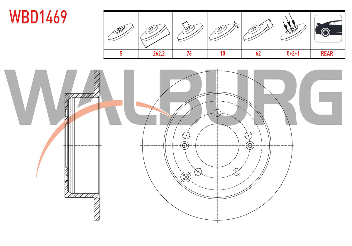 WALBURG WBD1469 Brake Disc Rear Straight 5 Bjn 262,2X10x76x62 Kia Sportage 2.0 CRDi 2004-2010 / Magentis 2.0-2.0 CRDi 2005-/ Hyundai Tucson 2.0 CRDi 2004-2010 / Sonata 2.0 VVTI-2.0 CRDi 2005-2010
