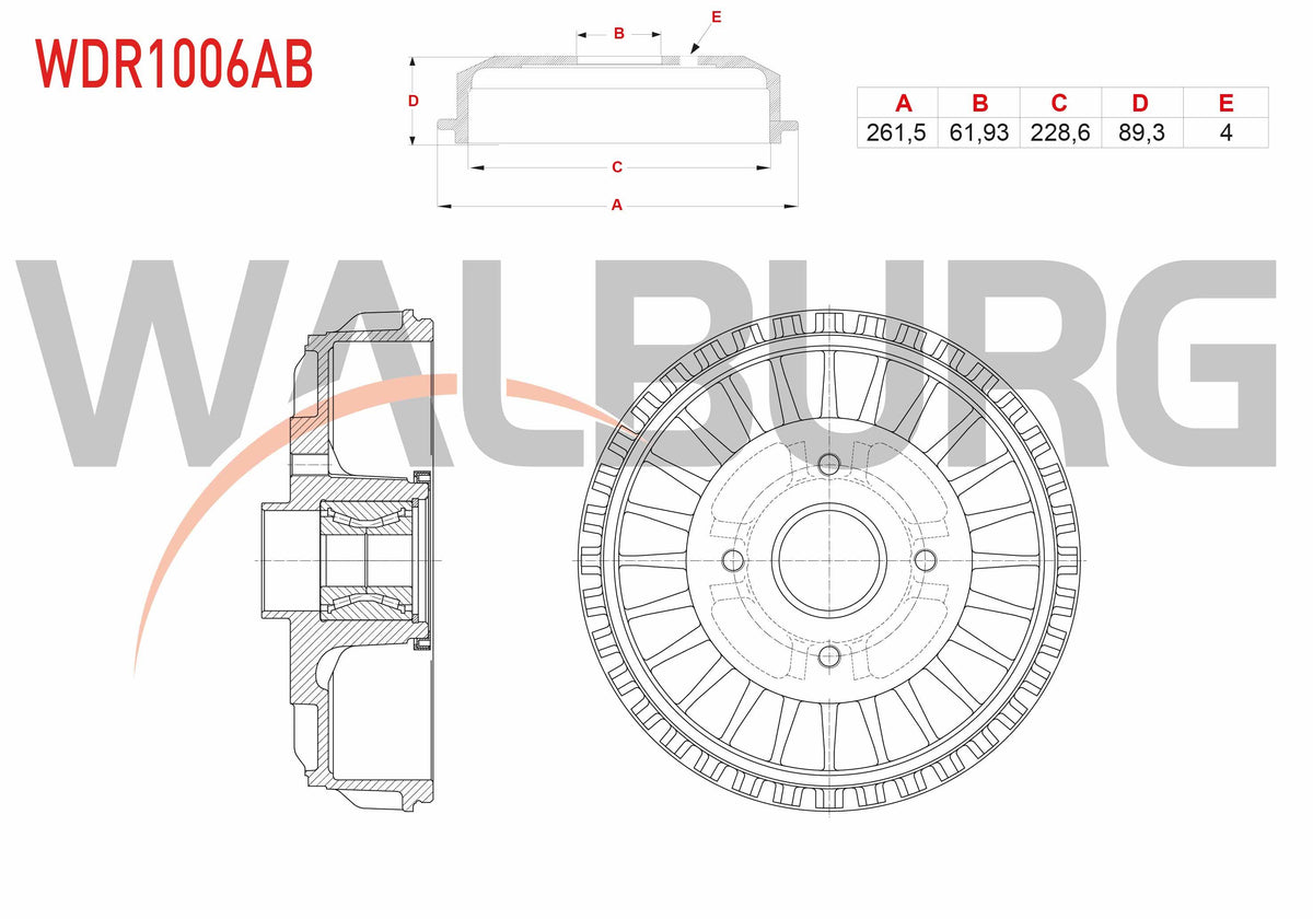 WALBURG WDR1006AB Brake Drum Rear with Bearing ABS Okuyuculu with Tabs 4 Hole 261 — Brake Rotors & Drums
