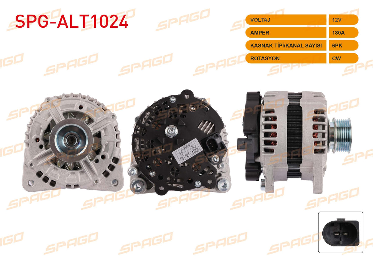 SPAGO SPG-ALT1024 Alternator 12V 180A 6Pk (Alt2608) Passat B6 B7-Superb 09-15 (1.6 2.0 TDI Vehicles for — Starting & Charging