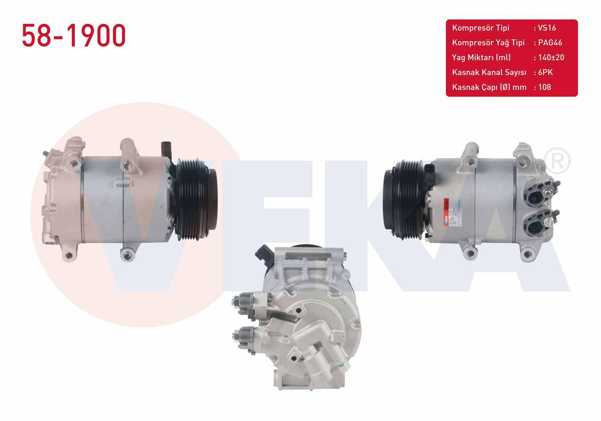 Veka 58-1900 A/C Compressor 6Pk 108mm Ford Focus III 1.6 TDCi 2010-2013 / Fiesta VI 1.5 TDCi 2008-2012 / B-Max 1.5 TDCi 2012