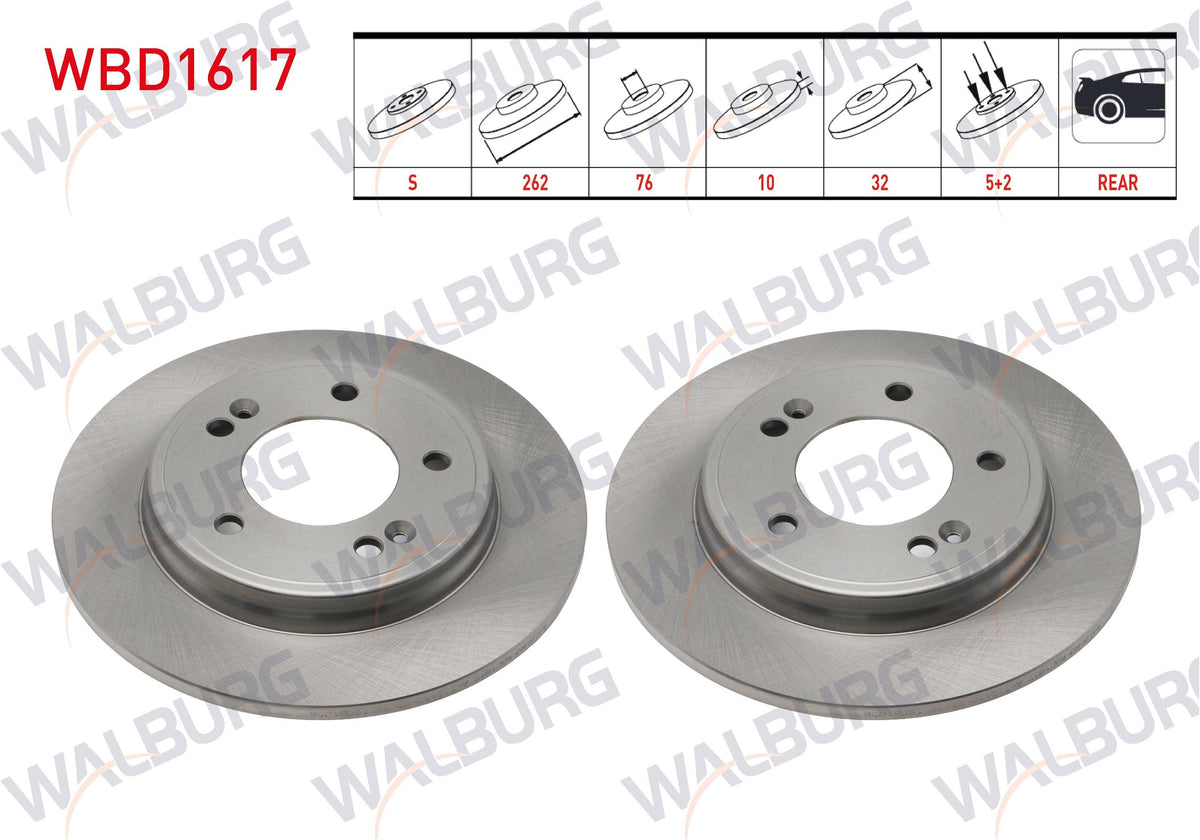 WALBURG WBD1617 Brake Disc Rear Straight 5 Bjn 262X10x76x32 Hyundai Elantra VI 2015-2020 / Elantra VII 2021-/ Ioniq 1.6 Hybrid 2016-/ Kia Niro 1.6 Hybrid 2016-| Set of 2
