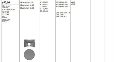 King 182010180 Piston 70.00 mm (Std) Fiat Panda I Panda II Punto I 1.1 92-176A6 176B2 187A1 (Rıken with — Pistons & Rotating