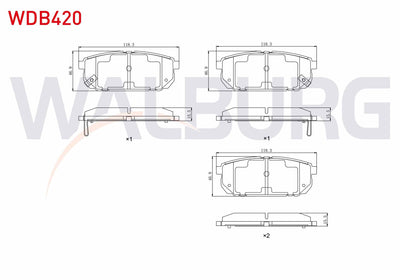 WALBURG WDB420 Brake Pad Rear with Wear Indicator Kia Sorento I (Jc) 2.4i 2002-2009 /Kia Sorento I (Jc) 2.5 CRDi — Brake Pads
