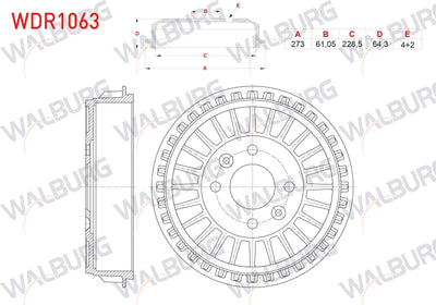 WALBURG WDR1063 Brake Drum Rear 4 Hole 273X228,5X61x64 — Brake Rotors & Drums