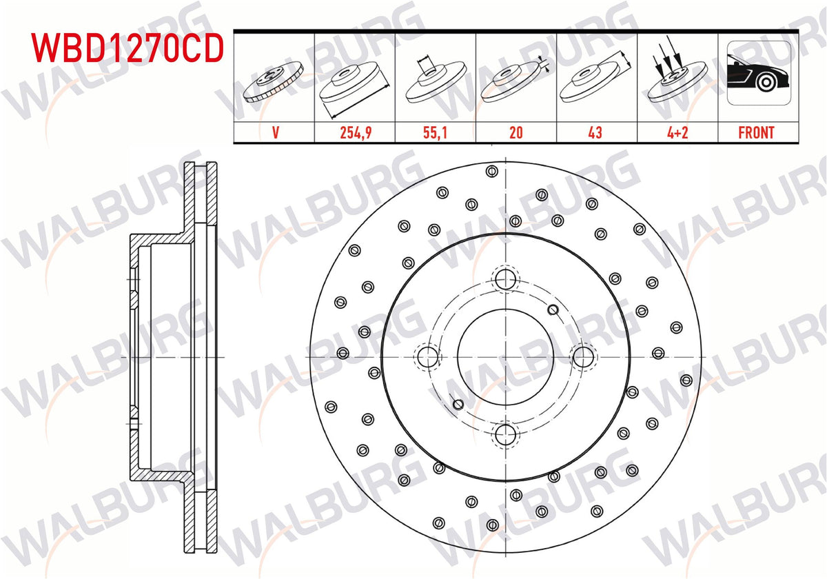 WALBURG WBD1270CD Brake Disc Front Air Coated Performance Drilled 4 Bjn 254,9X20x55 — Brake Rotors & Drums
