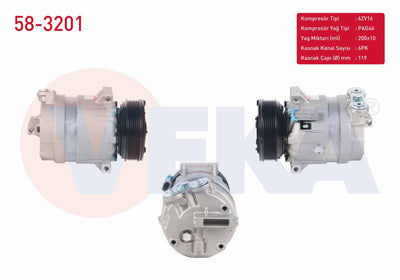 Veka 58-3201 A/C Compressor 6Pk 119mm Opel Vectra B 1.7 TD-2.0 DI-2.0 DTi-2.0i 1995-2003