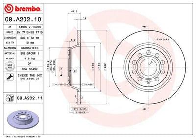 Brembo 08.A202.10 Brake Disc Rear VW Golf/Passat Seat Leon Skoda Octavia 282×12 5×112 — Brake Rotors & Drums