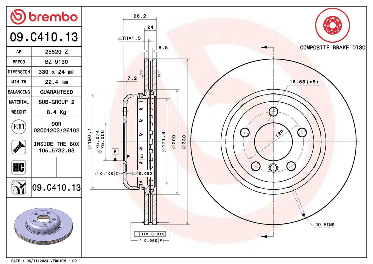 Brembo 09C41013 Brake Disc Front BMW F10 F11 F18 — Brake Rotors & Drums