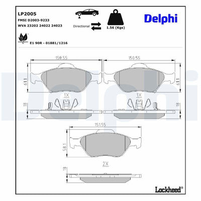 Delphi LP2005 Brake Pad Front Toyota Yaris 06-18 1.0-1.3 VVTi 1.4D D4D 1.5 Hybrid — Brake Pads