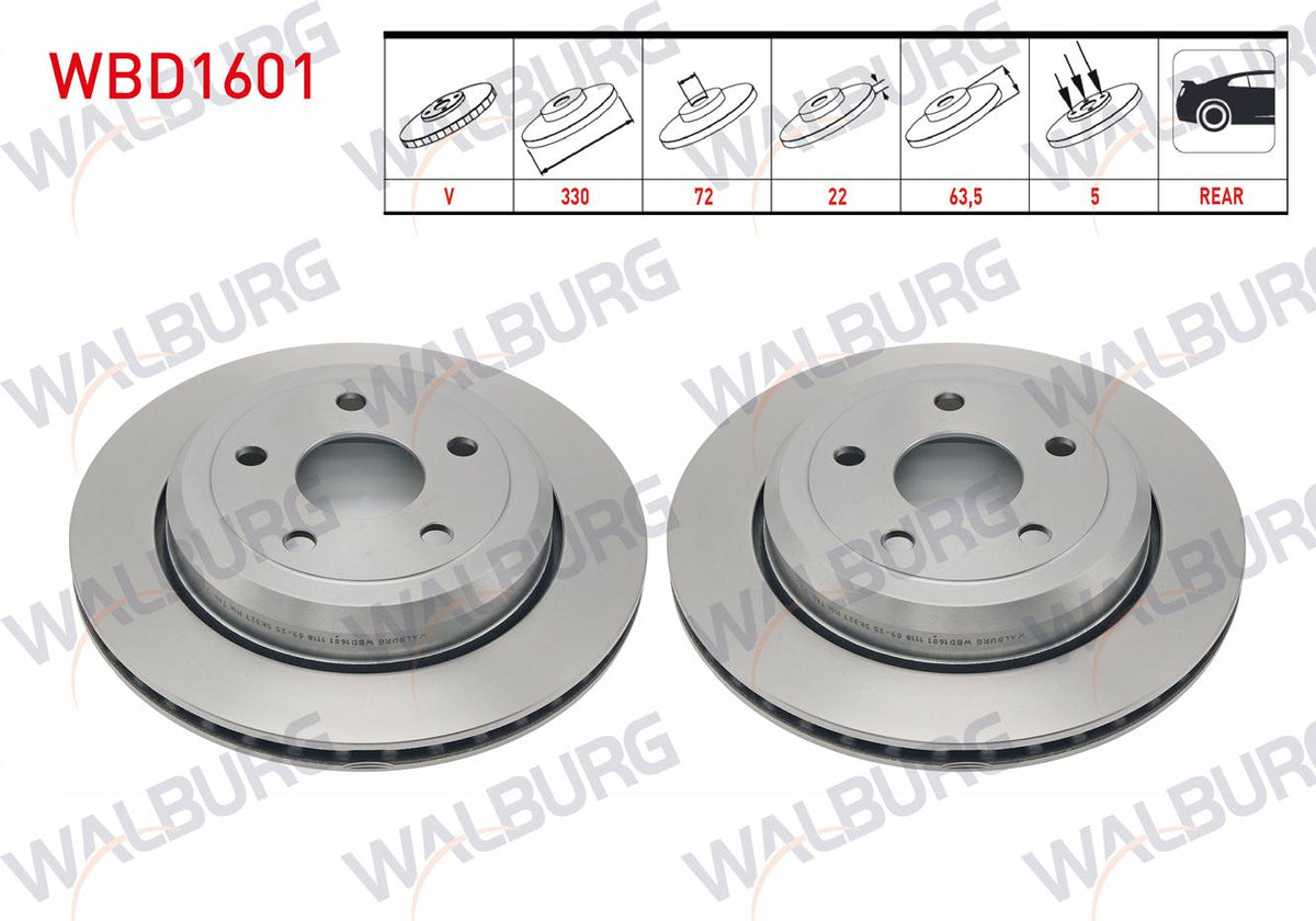 WALBURG WBD1601 Brake Disc Rear Air 5 Bjn 18 Rim 330X22x72x63,5 Jeep Grand Cherokee IV (Wk,Wk2) 3.0 Crd-3.6 V6 2010-| Set of 2