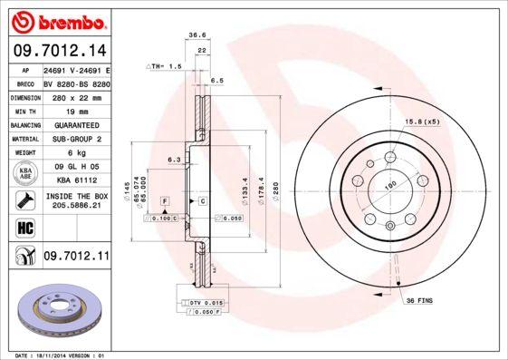 Brembo 09.7012.14 Brake Disc Front-(VW Golf 98-06 Audi A3 97-03 Seat Leon 00-06) 280×22 5×100 — Brake Rotors & Drums