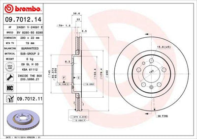 Brembo 09.7012.14 Brake Disc Front-(VW Golf 98-06 Audi A3 97-03 Seat Leon 00-06) 280×22 5×100 — Brake Rotors & Drums