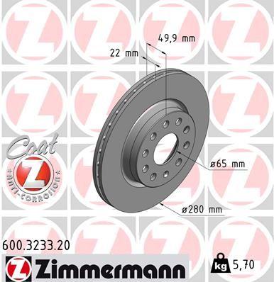 Zimmermann 600.3233.20 VW Golf V Jetta 04-15 Brake Disc Front Caddy III 280x22 | Set of 2