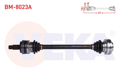 Veka BM-8023A Complete Axle Left Rear BMW 3 Series (E90) 320 i A-T with ABS 48 Outer Length 611 mm — Axles, CV Joints & Boots