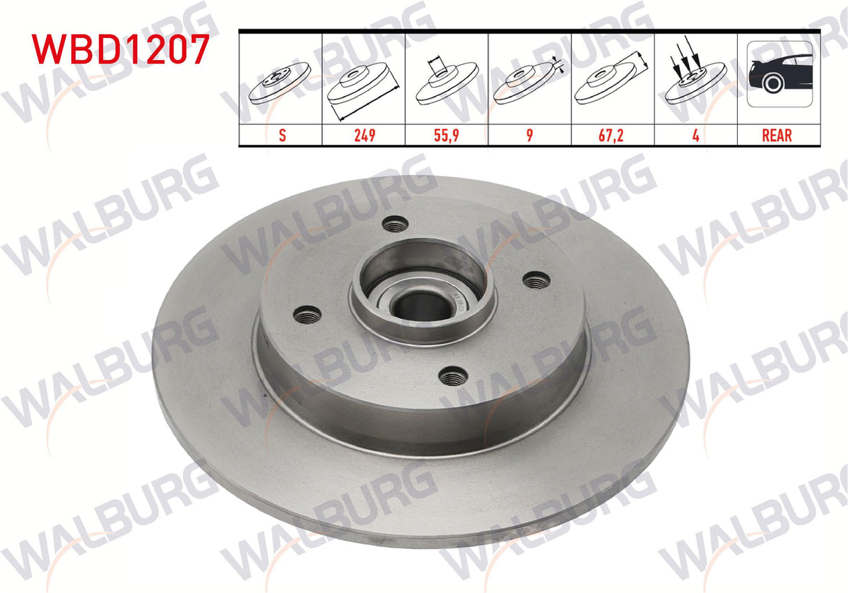 WALBURG WBD1207 Brake Disc Rear Straight 4 Bjn 249X9x59,92X67 307 1.6 HDi Wheel Hub with Bearing Magnetic ABS Okuyucu 2000-2007 / 207 1.4 HDi-1.6 HDi-1.6 2006-2012 / C4 1.6 HDi 2004-2009 / Cactus 1.6 Ehd